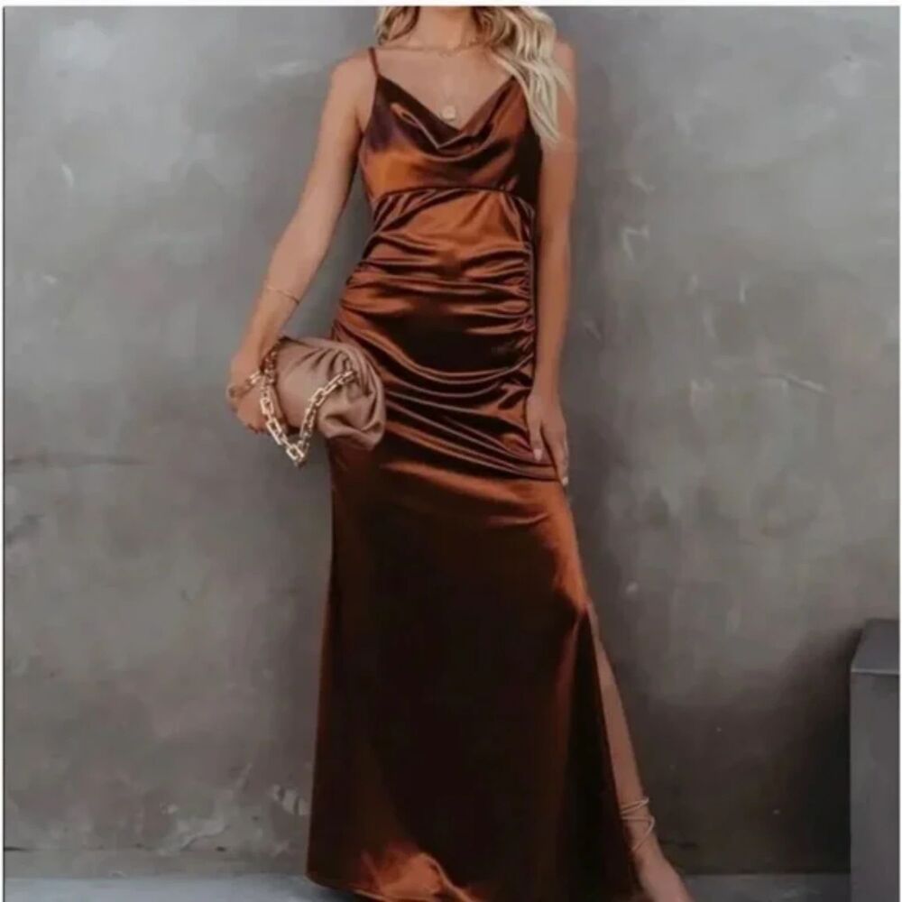 VICI Copper Satin Lace Back Maxi Dress Ruched Side Slit Formal Elegant Glam Hoco